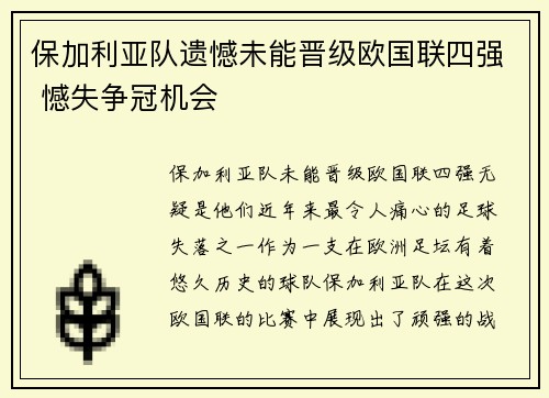 保加利亚队遗憾未能晋级欧国联四强 憾失争冠机会