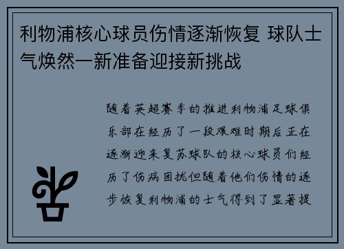 利物浦核心球员伤情逐渐恢复 球队士气焕然一新准备迎接新挑战