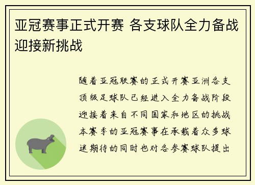 亚冠赛事正式开赛 各支球队全力备战迎接新挑战