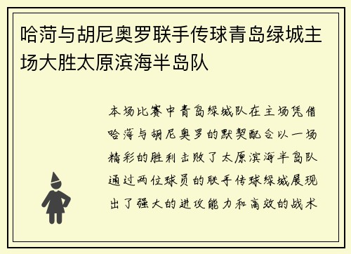 哈菏与胡尼奥罗联手传球青岛绿城主场大胜太原滨海半岛队