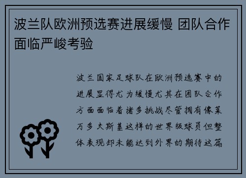 波兰队欧洲预选赛进展缓慢 团队合作面临严峻考验