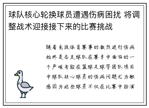 球队核心轮换球员遭遇伤病困扰 将调整战术迎接接下来的比赛挑战